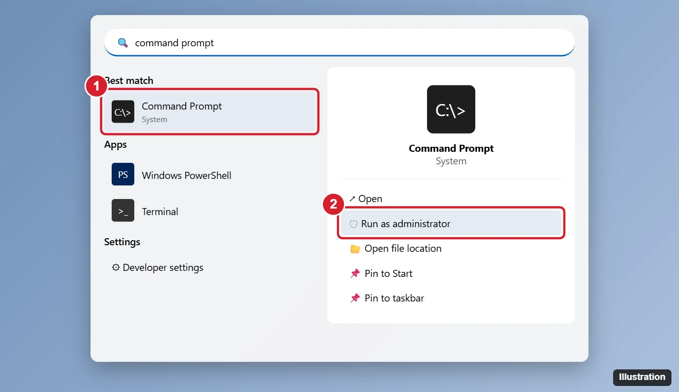 How to Run as Administrator in Windows 11 (7 Ways) 1 Windows 11 Start search results for Command Prompt with Run as administrator highlighted in the right pane