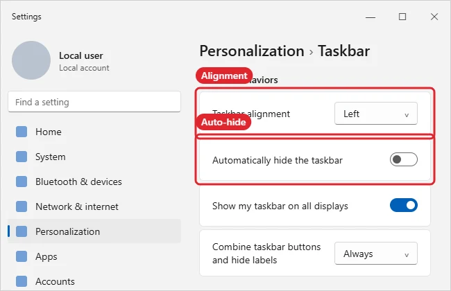 How to Unlock the Taskbar in Windows 11 (and What You Can Change) 1 Windows 11 Taskbar behaviors settings with Taskbar alignment and Automatically hide the taskbar options