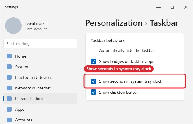 How to Show Seconds on the Windows 11 Clock 1 Windows 11 Taskbar behaviors settings with Show seconds in system tray clock highlighted