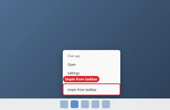 How to Unpin Chat From the Windows 11 Taskbar 1 Windows 11 taskbar right-click menu with Unpin from taskbar highlighted