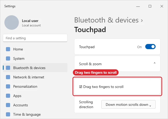 Touchpad settings with Drag two fingers to scroll checked