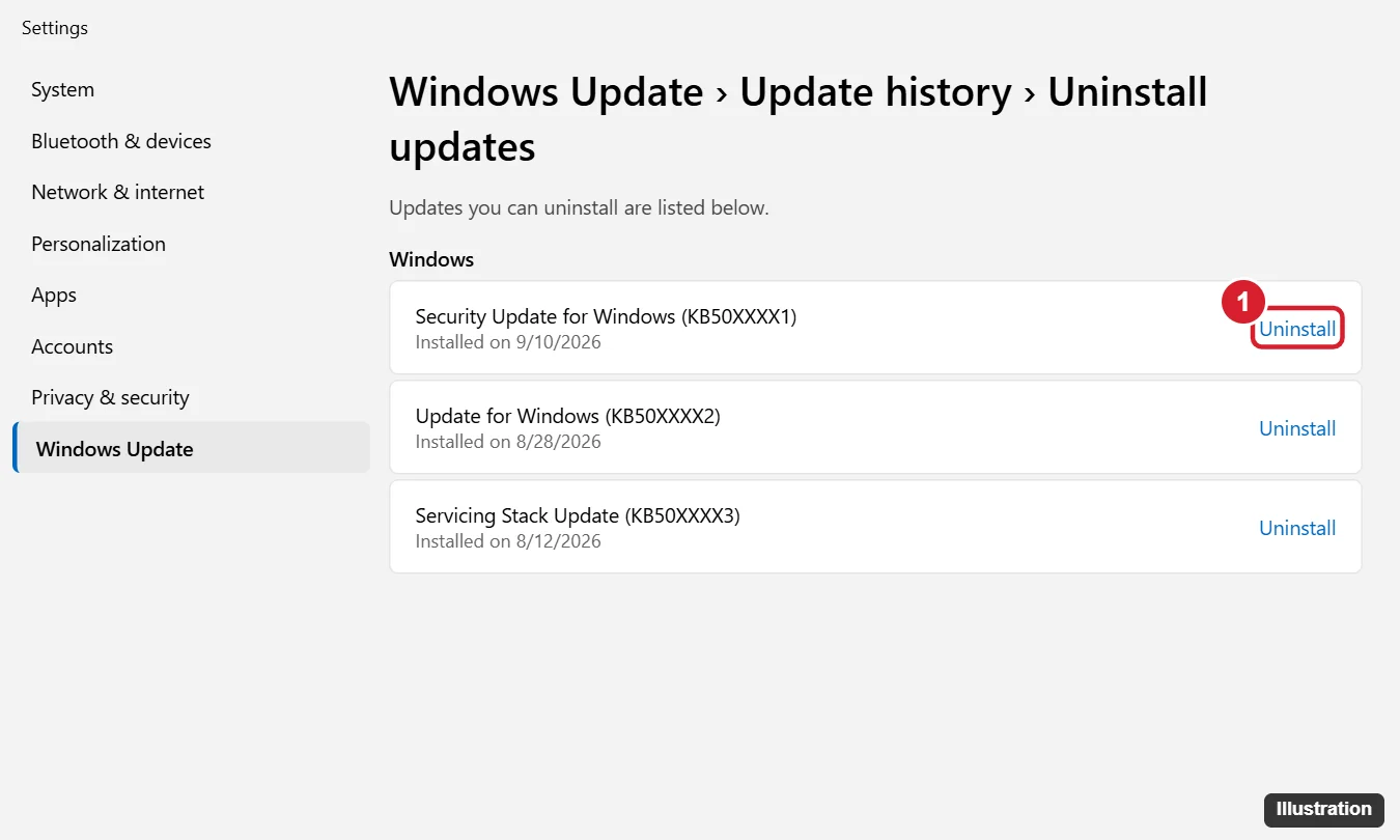 Windows 11 Uninstall updates page listing recent updates with the Uninstall link for the latest update highlighted