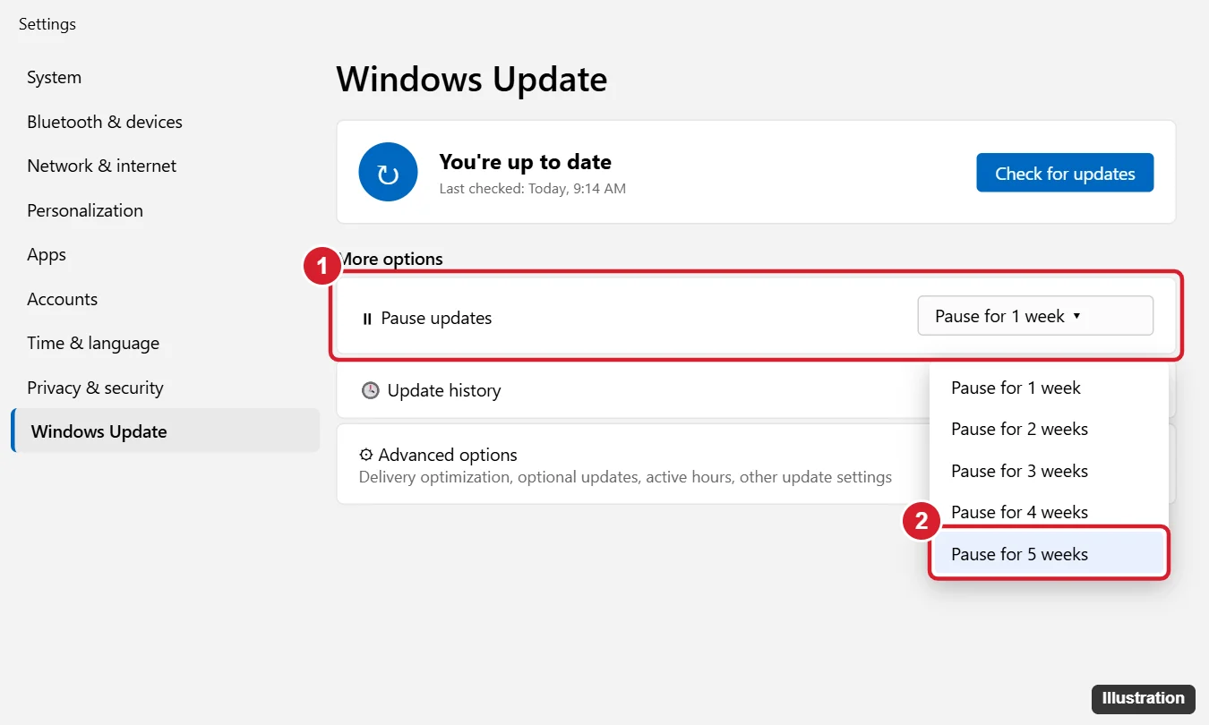 Windows 11 Windows Update settings with the Pause updates dropdown open showing options up to Pause for 5 weeks