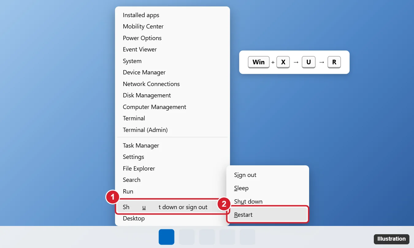 How to Restart a Laptop With the Keyboard in Windows 11 (7 Ways) 1 Windows 11 Win+X power user menu with Shut down or sign out expanded and Restart highlighted with underlined shortcut letters