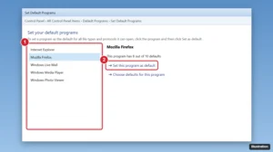 Windows 7 Set Default Programs window with a browser selected and Set this program as default highlighted
