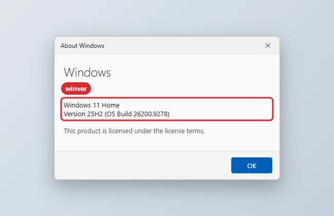 About Windows dialog showing the Windows version and build highlighted