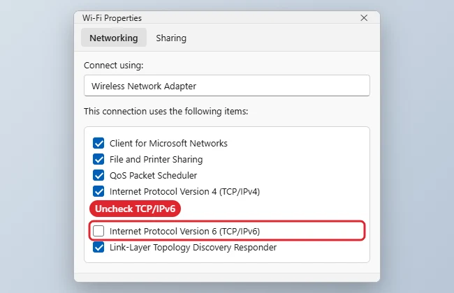 How to Disable IPv6 in Windows 11 1 Network adapter Properties with the Internet Protocol Version 6 checkbox highlighted