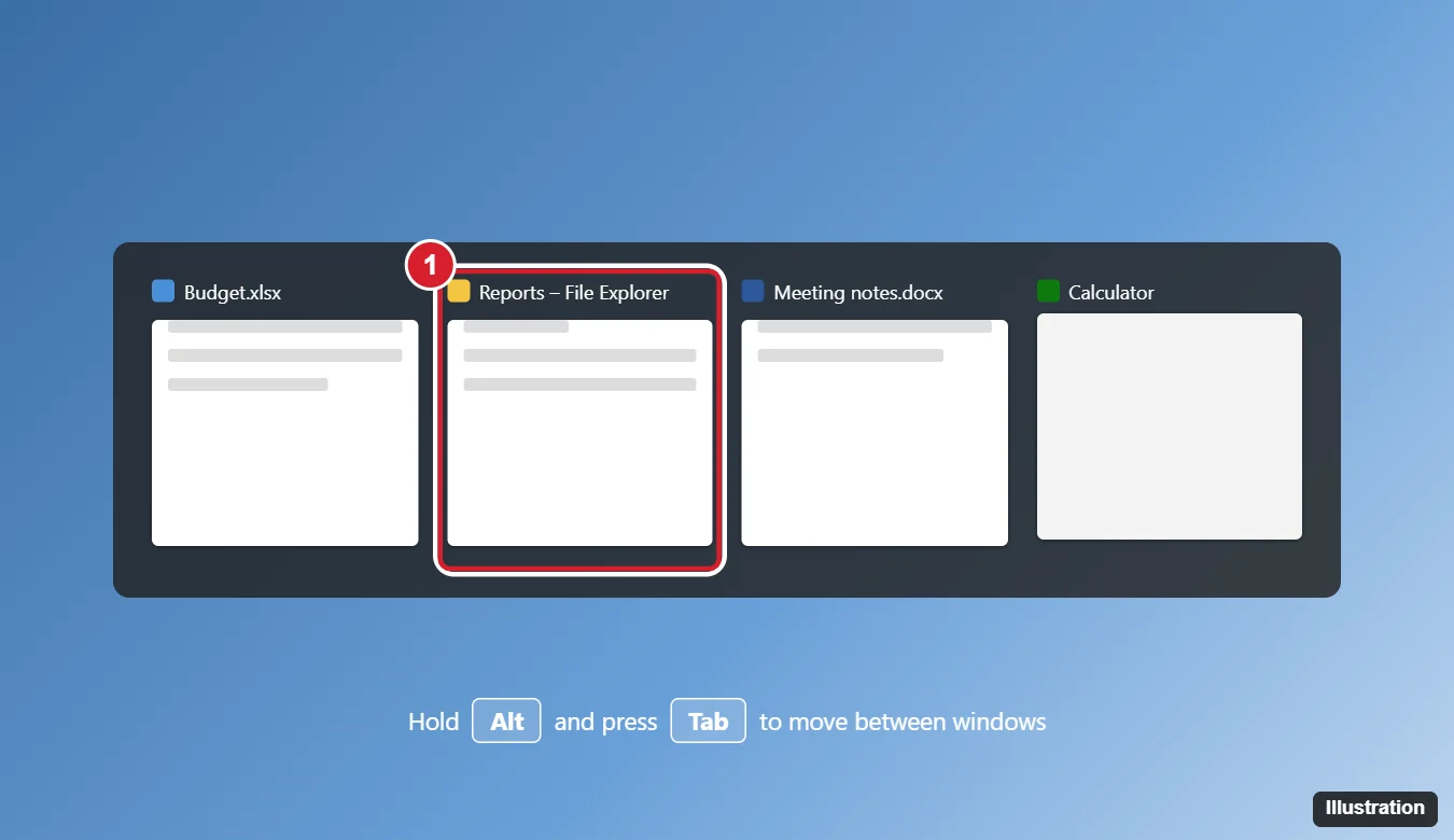 Windows Alt+Tab window switcher showing open window thumbnails with the selected window highlighted