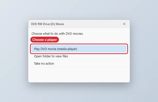 How to Play a DVD on Windows 11 1 Windows AutoPlay notification for a DVD drive with the option to play the disc highlighted