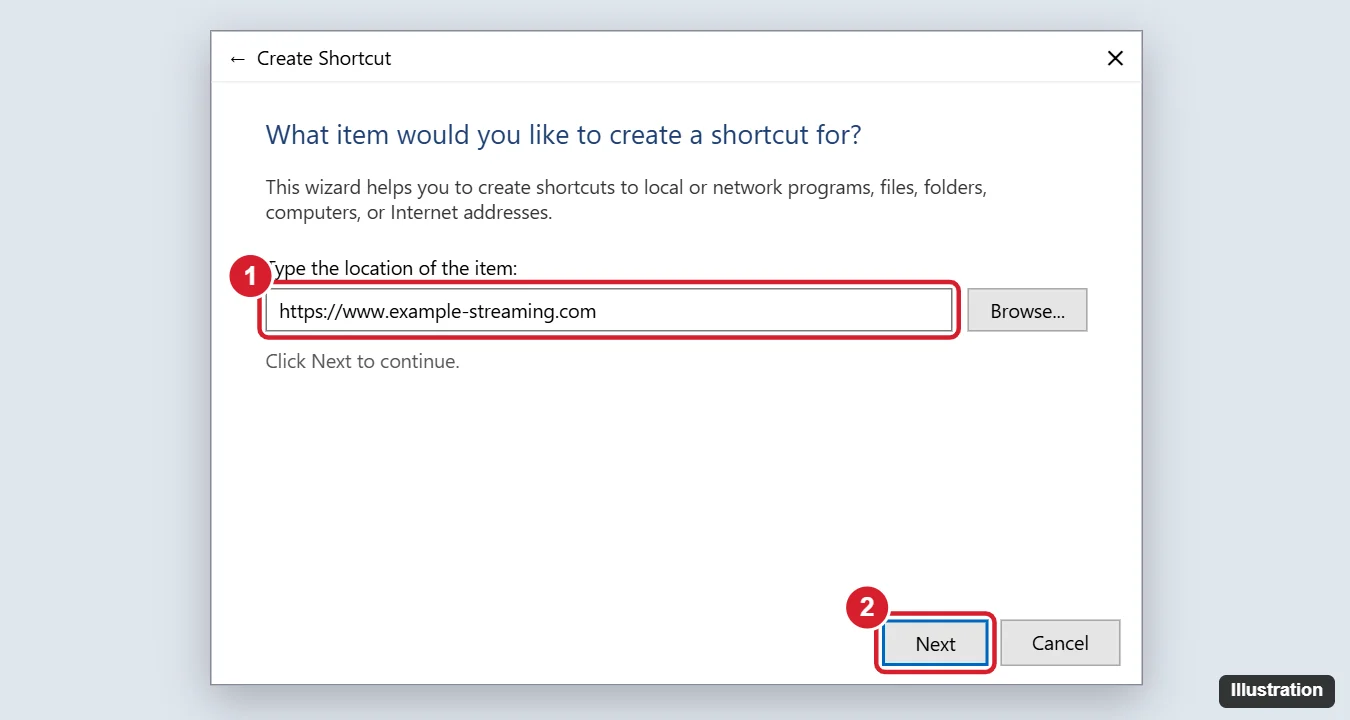 Windows Create Shortcut wizard with a website address typed in the location box and the Next button highlighted
