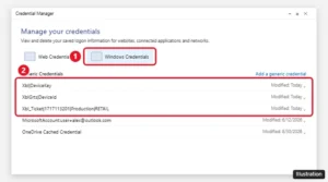 Windows Credential Manager Windows Credentials tab with Xbl generic credentials highlighted