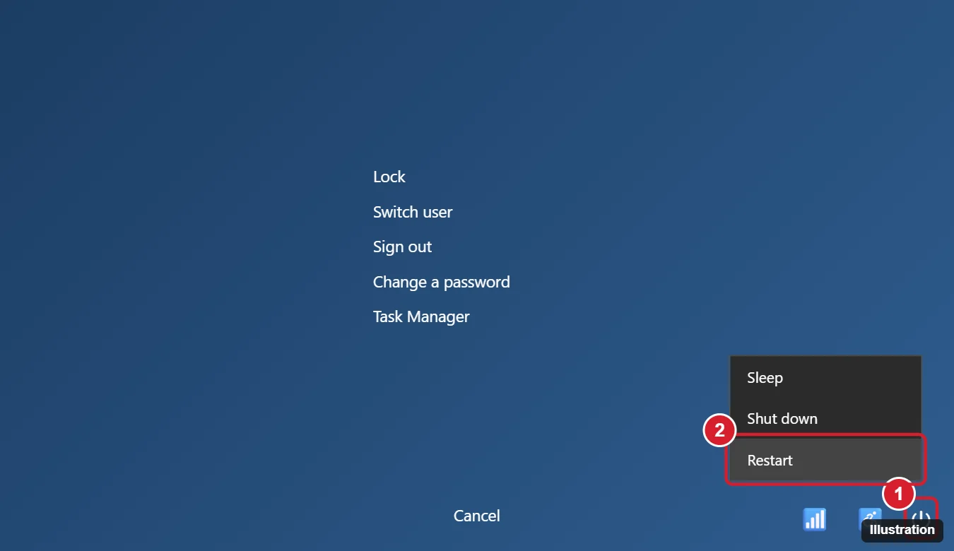 How to Force Restart Windows (5 Ways, Safest First) 1 Windows Ctrl+Alt+Del security screen with the power button menu open and Restart highlighted