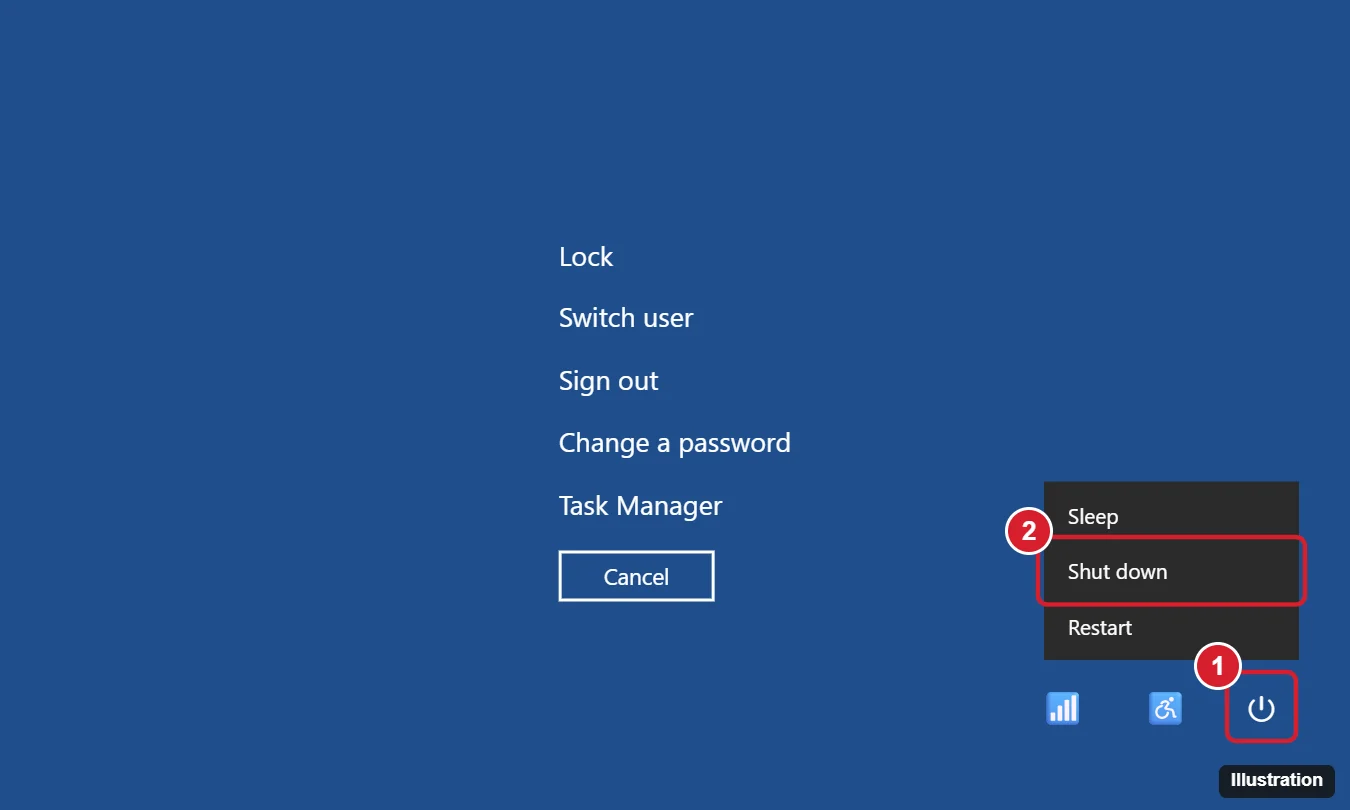 How to Force Shut Down Windows 1 Windows Ctrl Alt Delete security screen with the power icon menu open and Shut down highlighted
