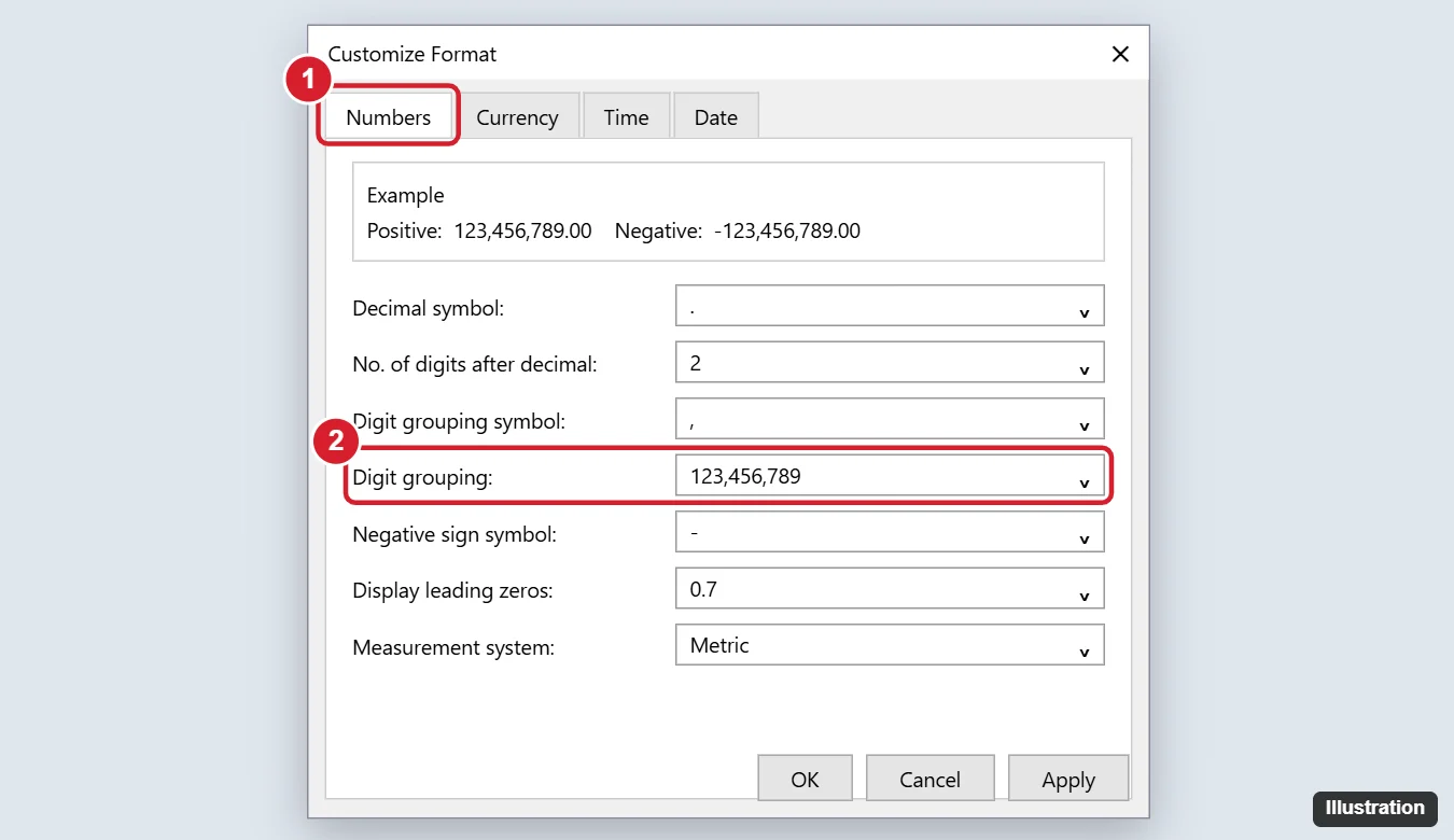 Windows Customize Format dialog on the Numbers tab with Digit grouping set to 123,456,789