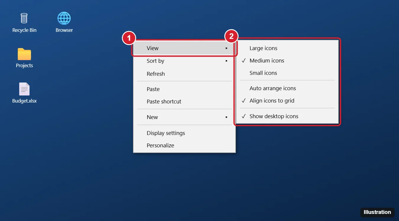 How to Lock Icons on the Desktop in Windows 10 1 Windows desktop right-click View menu with Auto arrange icons and Align icons to grid highlighted