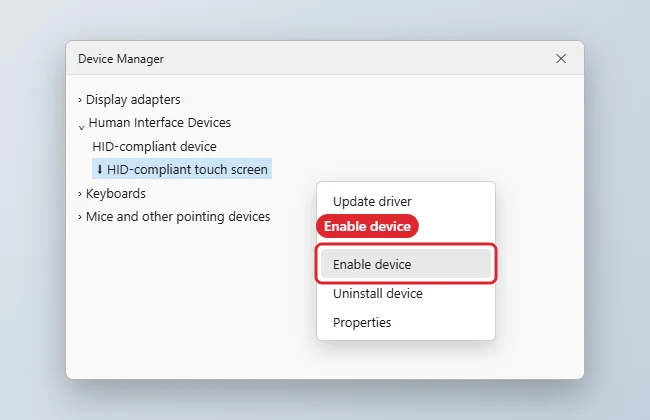 How to Enable the Touch Screen in Windows 10 1 Device Manager with the HID-compliant touch screen device and Enable device highlighted