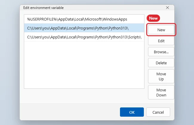 How to Add Python to PATH on Windows 11 1 Edit environment variable dialog for Path with the New button highlighted