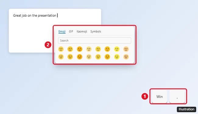 How to Type Emojis on Windows (Emoji Keyboard Shortcut) 1 Windows emoji panel opened with the Windows key and period shortcut, showing emoji, GIF, kaomoji, and symbols tabs