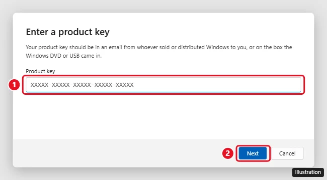 Enter a product key dialog in Windows 11