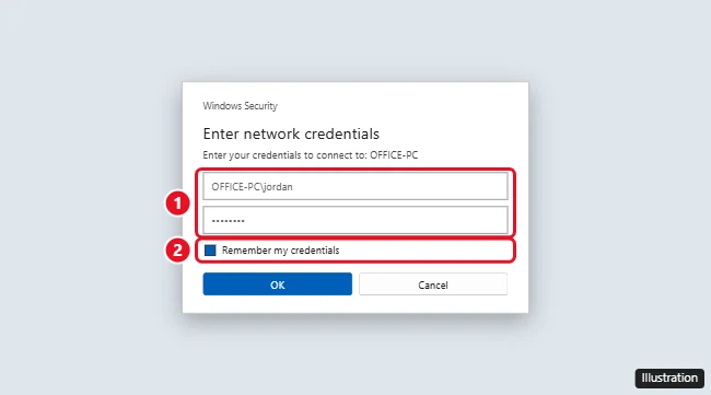 Windows Security Enter network credentials prompt with the user name and password fields highlighted