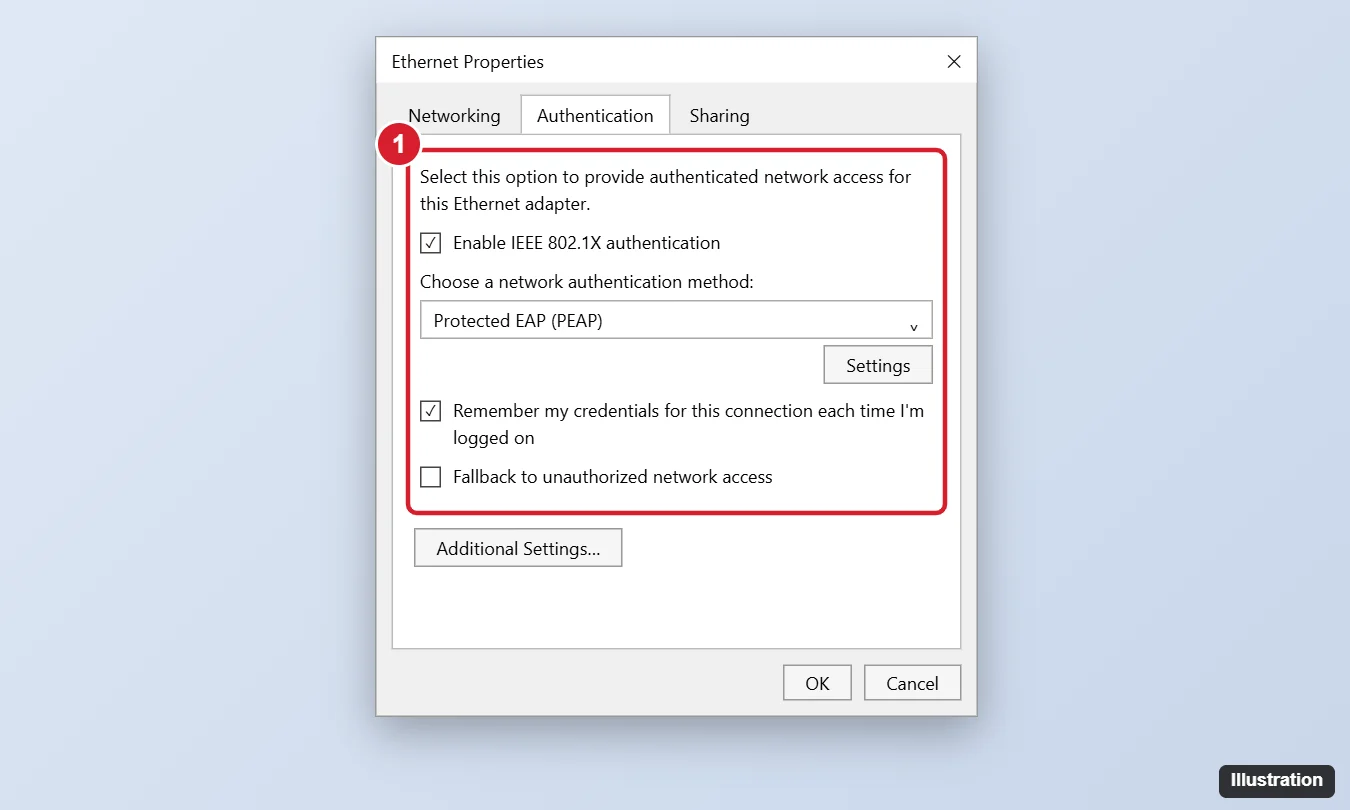 How to Find Your Ethernet Password on Windows 10 1 Windows Ethernet Properties dialog on the Authentication tab showing the Enable IEEE 802.1X authentication option and the network authentication method, highlighted