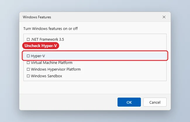 How to Disable Hyper-V in Windows 11 1 Windows Features dialog with Hyper-V unchecked