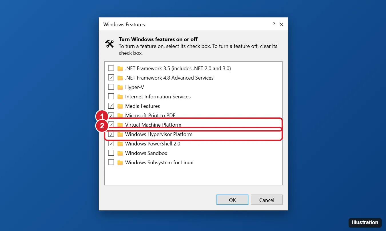 How to Run Android Apps on Windows 10 (4 Ways That Work in 2026) 1 Windows Features dialog with Virtual Machine Platform and Windows Hypervisor Platform checked for running Android emulators