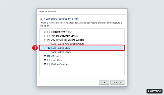 How to Enable SMB1 on Windows 11 1 Windows Features dialog with SMB 1.0/CIFS File Sharing Support expanded and SMB 1.0/CIFS Client checked