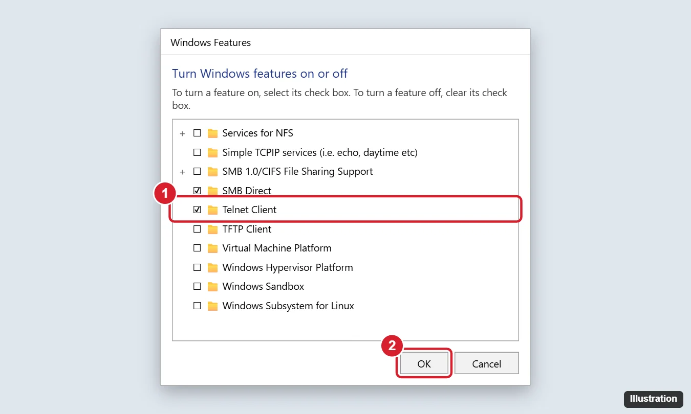 How to Enable Telnet on Windows 11 (and Windows 10) 1 Windows Features dialog with the Telnet Client checkbox checked and the OK button highlighted
