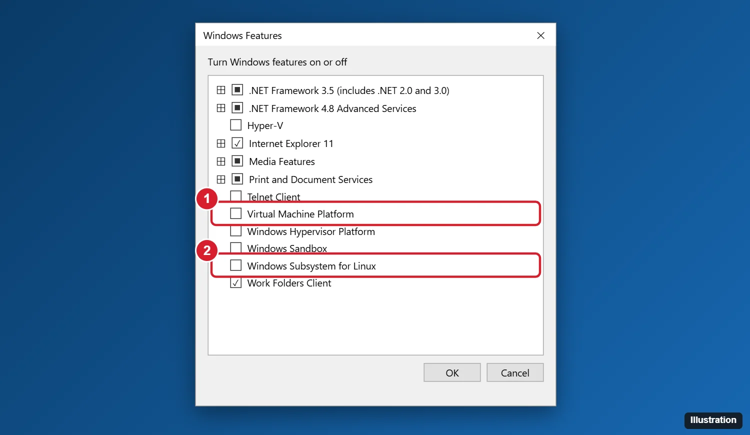 Windows Features dialog with Virtual Machine Platform and Windows Subsystem for Linux unchecked