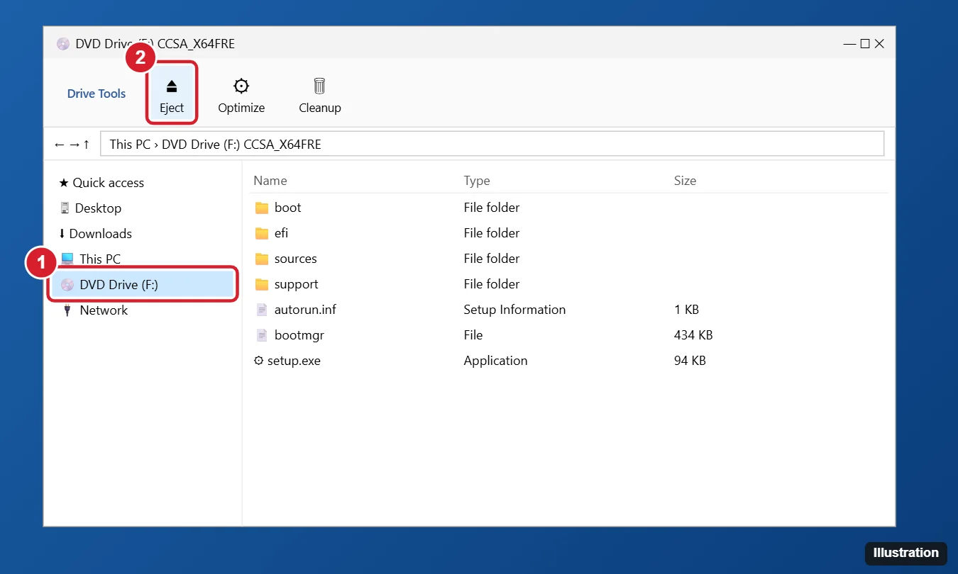 Windows File Explorer This PC view showing an ISO file mounted as a virtual DVD drive with its files listed, and the Eject option