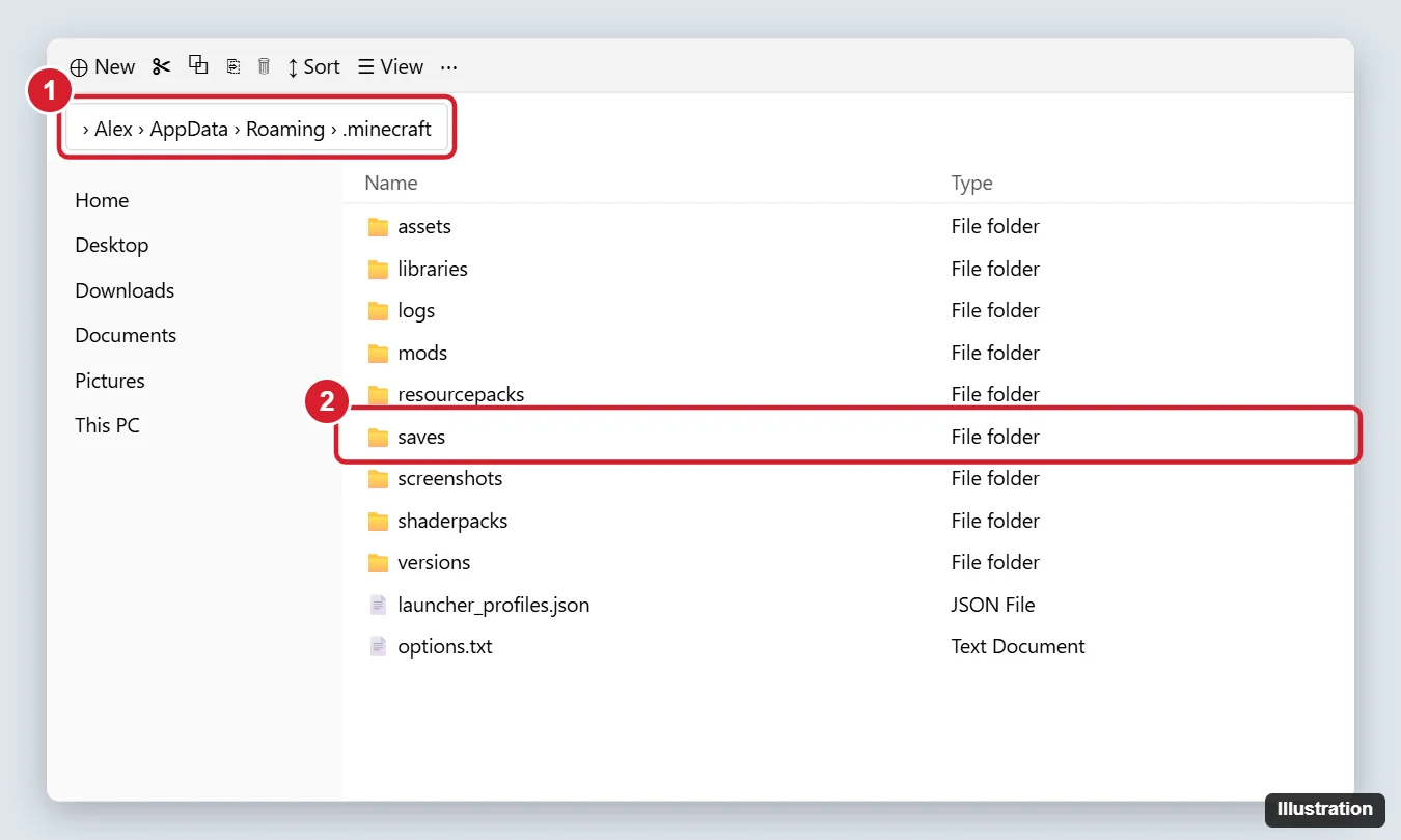 How to Find the Minecraft Folder on Windows 10 1 File Explorer open to the AppData Roaming .minecraft folder with the address bar and saves folder highlighted