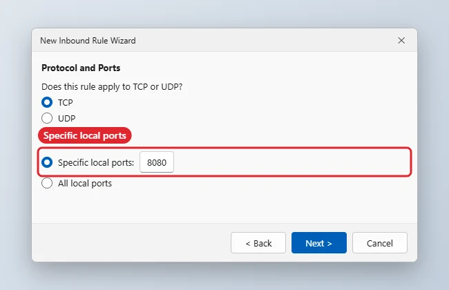 How to Allow a Port Through Windows Firewall 1 New Inbound Rule Wizard Protocol and Ports step with Specific local ports highlighted