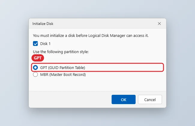How to Initialize an SSD in Windows 11 1 Initialize Disk dialog with the GPT partition style highlighted
