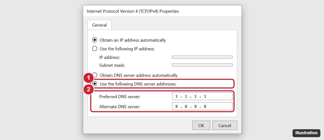 Windows Internet Protocol Version 4 Properties with Use the following DNS server addresses selected and DNS fields highlighted