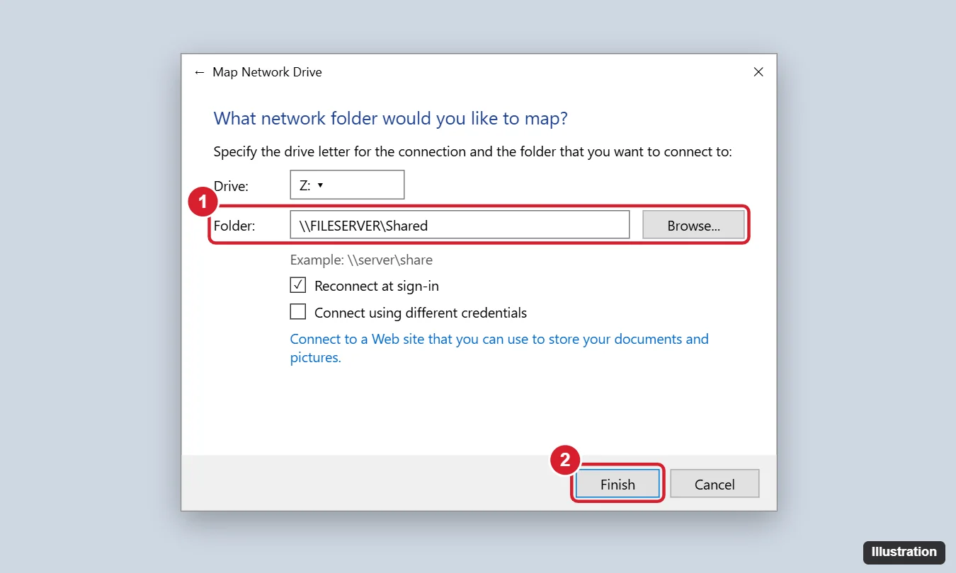 Map Network Drive dialog with drive letter Z selected, a server share path in the Folder box and Reconnect at sign-in checked