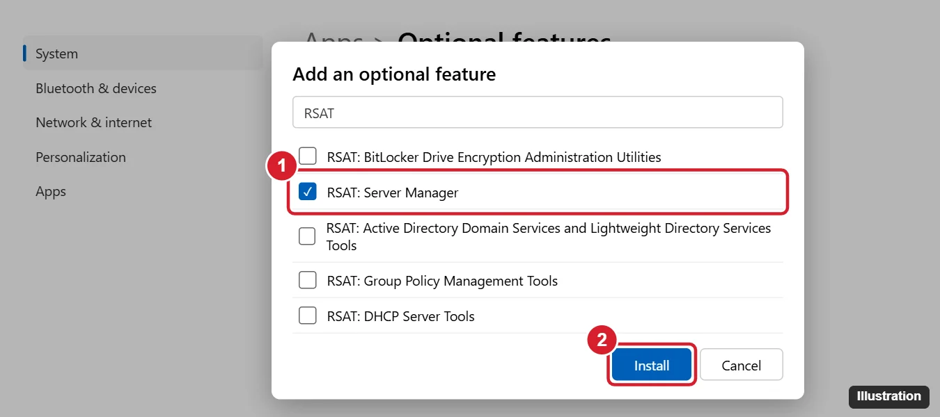 How to Open Server Manager in Windows 10 1 Add an optional feature window with RSAT: Server Manager checked and the Install button highlighted