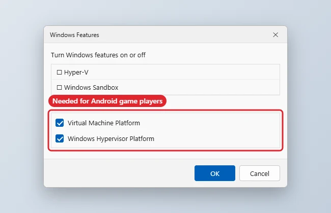 How to Run APK Files on Windows 11 (After the Android Subsystem) 1 Windows optional features list with Virtual Machine Platform and Windows Hypervisor Platform checked and highlighted