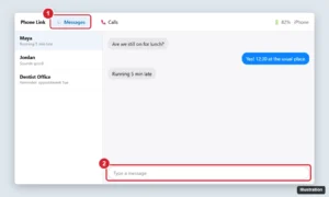 Windows Phone Link app connected to an iPhone with the Messages tab open and a conversation showing