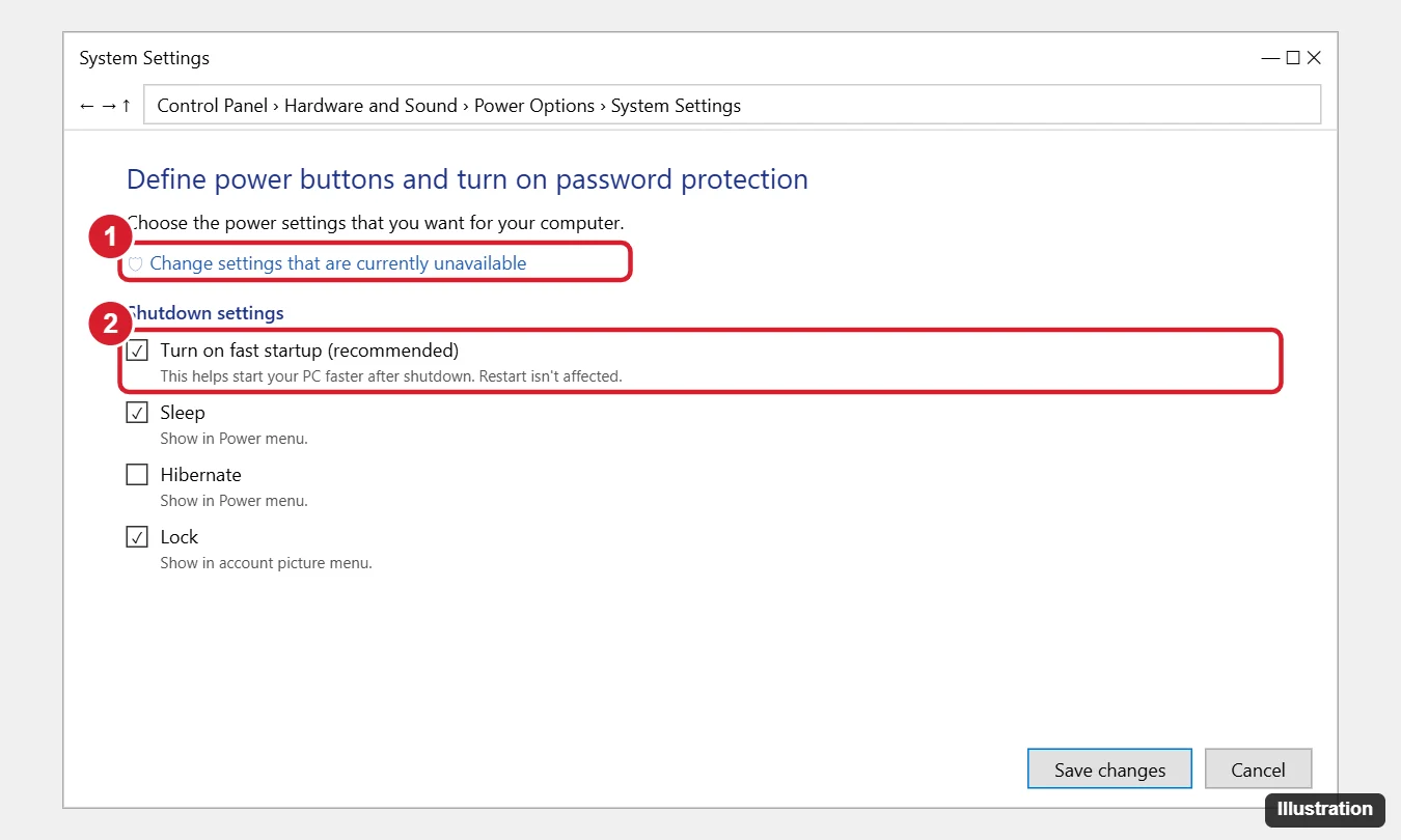 Windows Power Options System Settings page with Change settings that are currently unavailable and the Turn on fast startup checkbox highlighted
