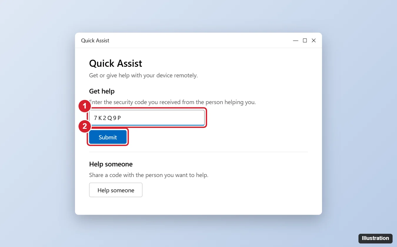 How to Screen Share on Windows (Meetings, Quick Assist, and TV) 1 Windows Quick Assist window with the Get help section and the security code entry box highlighted