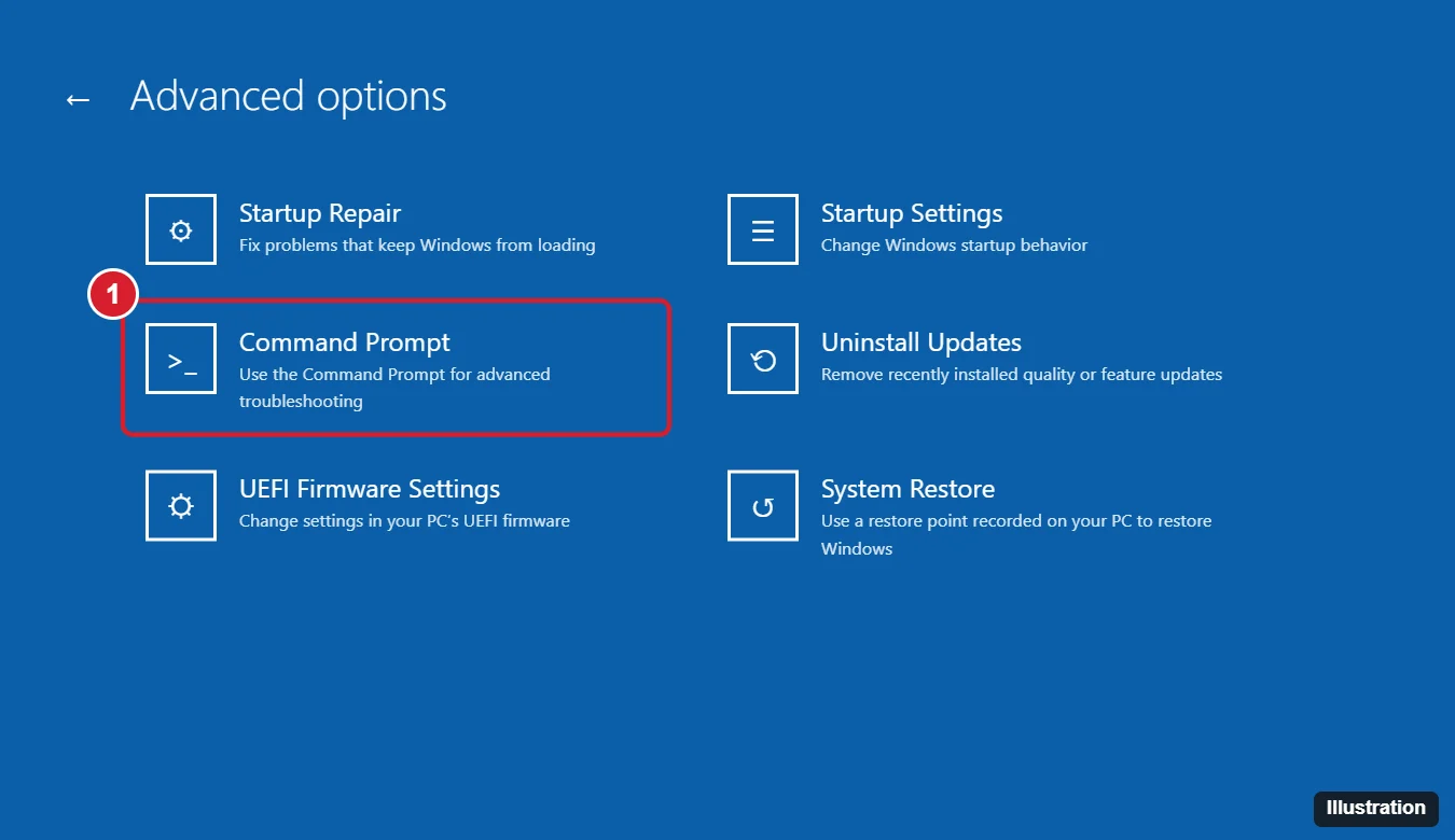 How to Boot to Command Prompt in Windows 10: A Step-by-Step Guide 1 Windows recovery environment Advanced options screen with the Command Prompt tile highlighted