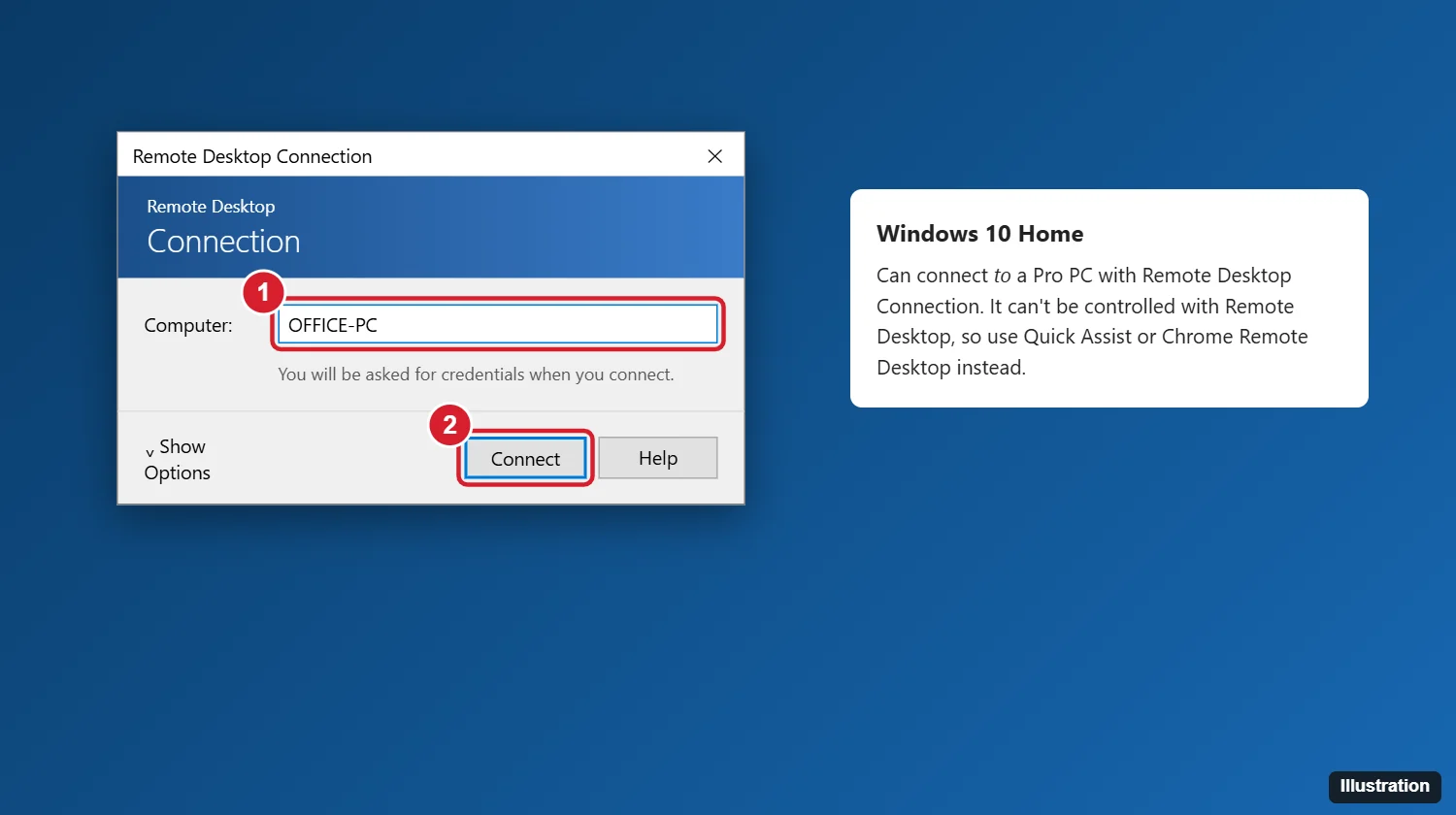 How to Use Remote Desktop on Windows 10 Home 1 Windows Remote Desktop Connection window with the Computer box and the Connect button highlighted