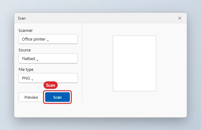 Scan app with scanner, source and file type settings and the Scan button highlighted