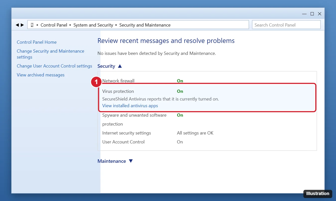 How to Find Out What Antivirus You Have on Windows 10 1 Windows Security and Maintenance Control Panel with the Security section expanded showing Virus protection On and the name of the active antivirus app