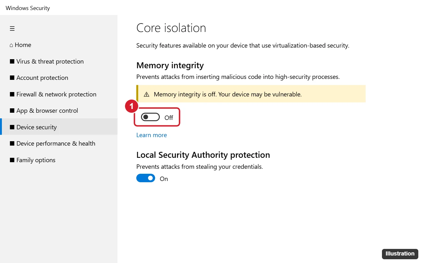 How to Disable HVCI (Memory Integrity) in Windows 10 1 Windows Security Core isolation page with the Memory integrity toggle switched Off and highlighted, and a warning that the device may be vulnerable