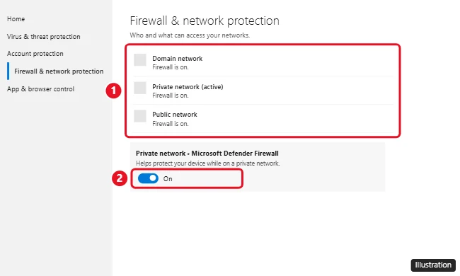 Windows Security Firewall and network protection page listing Domain, Private, and Public networks, with the Microsoft Defender Firewall switch for a network highlighted