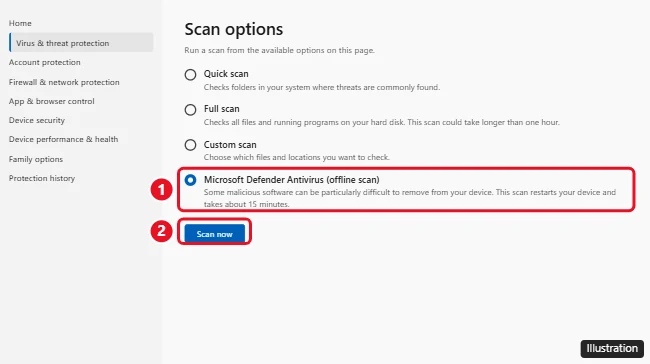 Windows Security Scan options with Microsoft Defender Antivirus (offline scan) selected