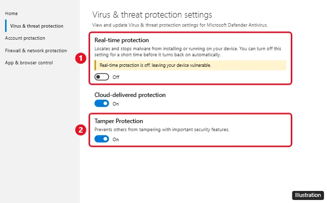 How to Disable Windows Defender in Windows 10 1 Windows Security Virus and threat protection settings with the Real-time protection switch turned off and Tamper Protection below