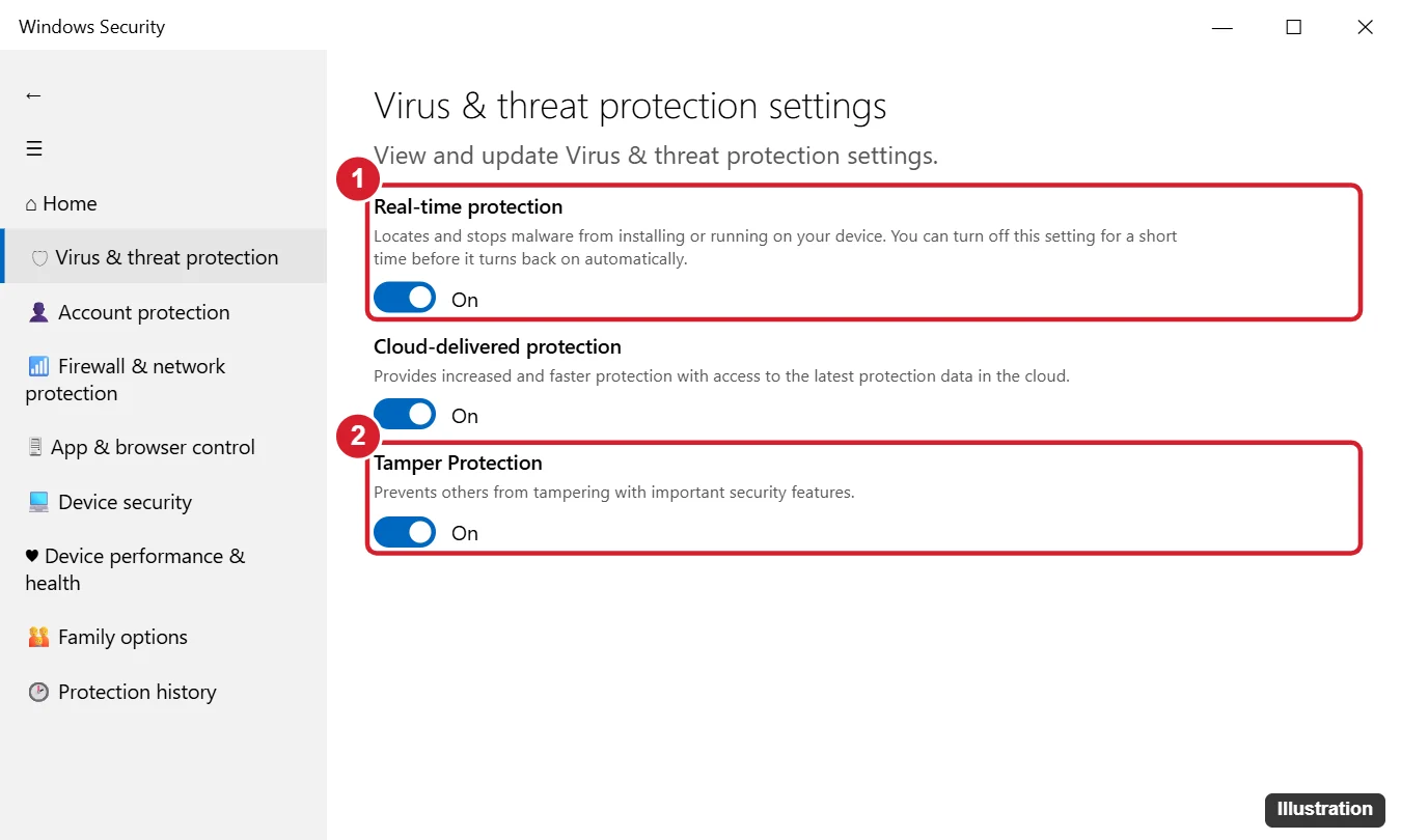 How to Turn On Windows Defender in Windows 11 (and Fix It) 1 Windows Security Virus and threat protection settings with the Real-time protection switch turned on and highlighted